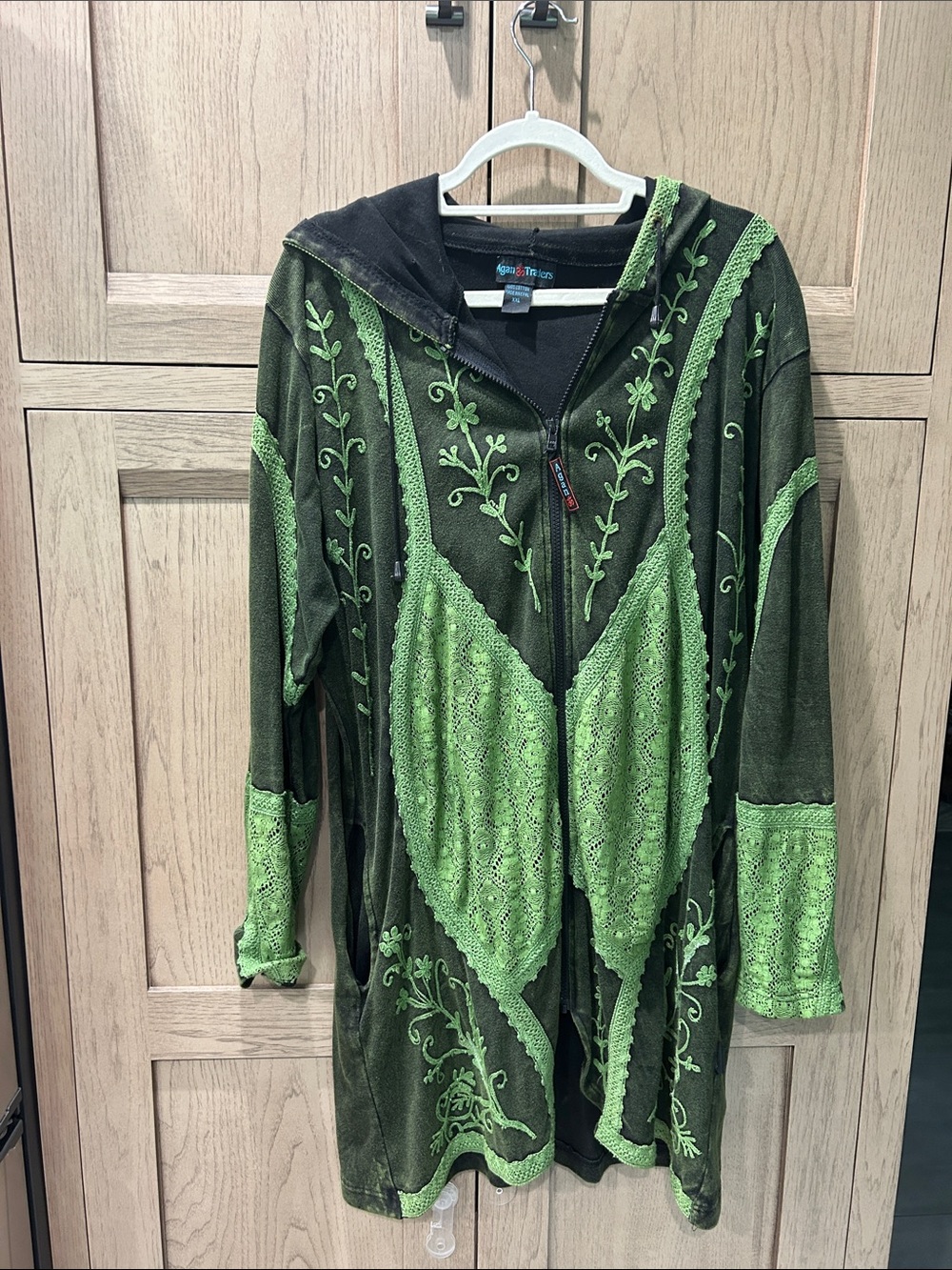 Green Embroidered Hooded Zip-Up Sweatshirt